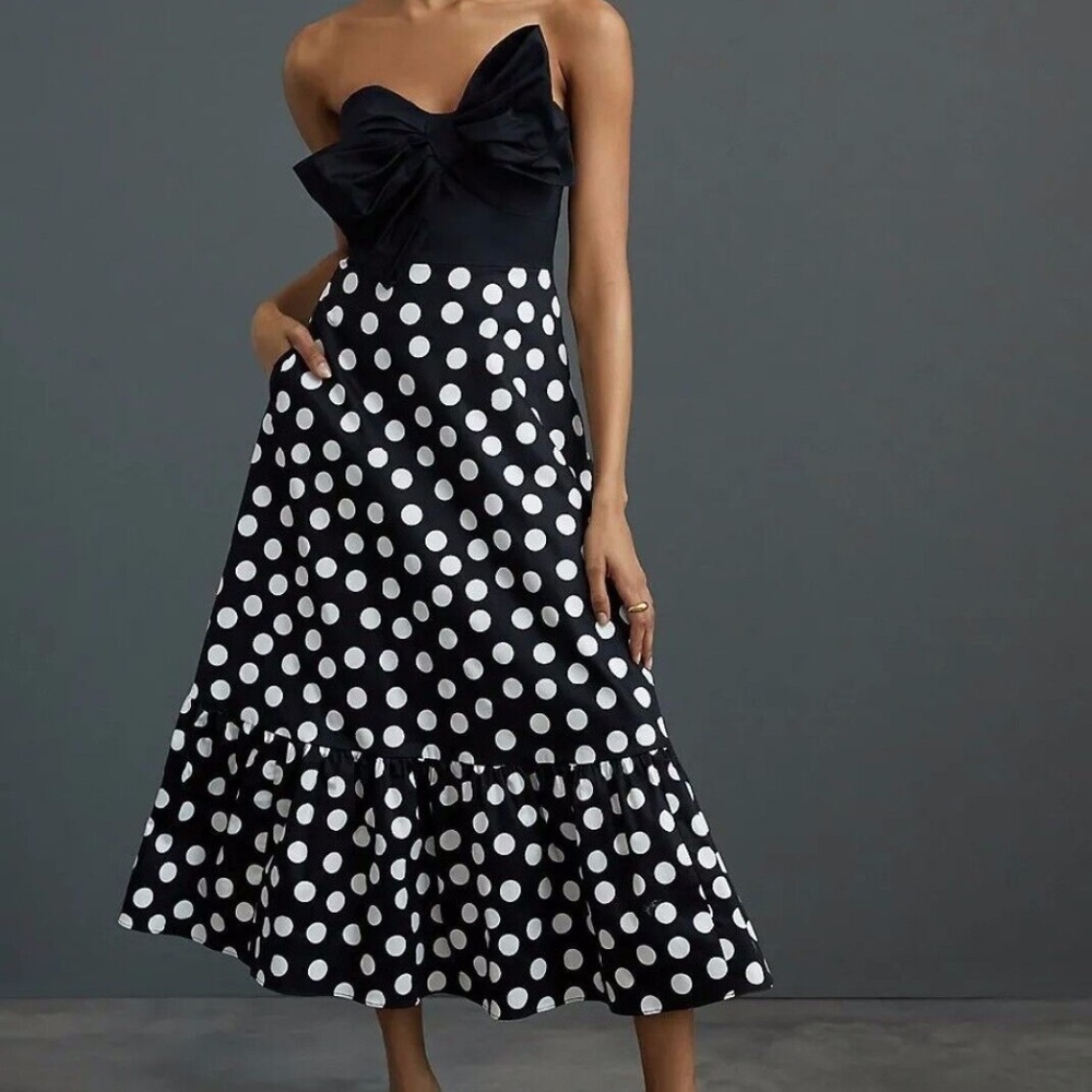 NWT Anthropologie Hutch Bow-Tie Black White Polka Dot Maxi Dress